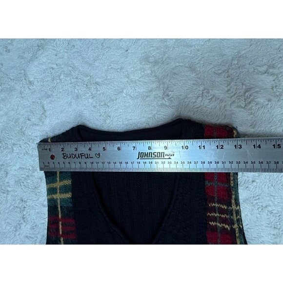 Vintage Precis Petite Small Black/Red Plaid Cable-Knit V-Neck Sweater Vest Wool - Picture 4 of 9